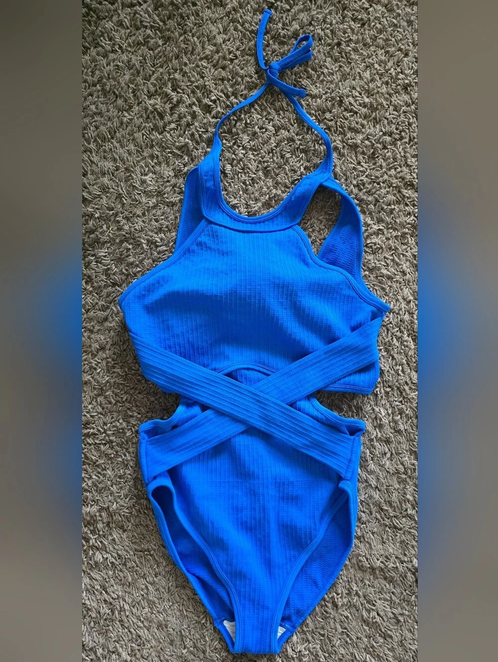 Ribbed High-Neck Crisscross One-Piece Swimsuit - Blue. Size Large. NWOT.